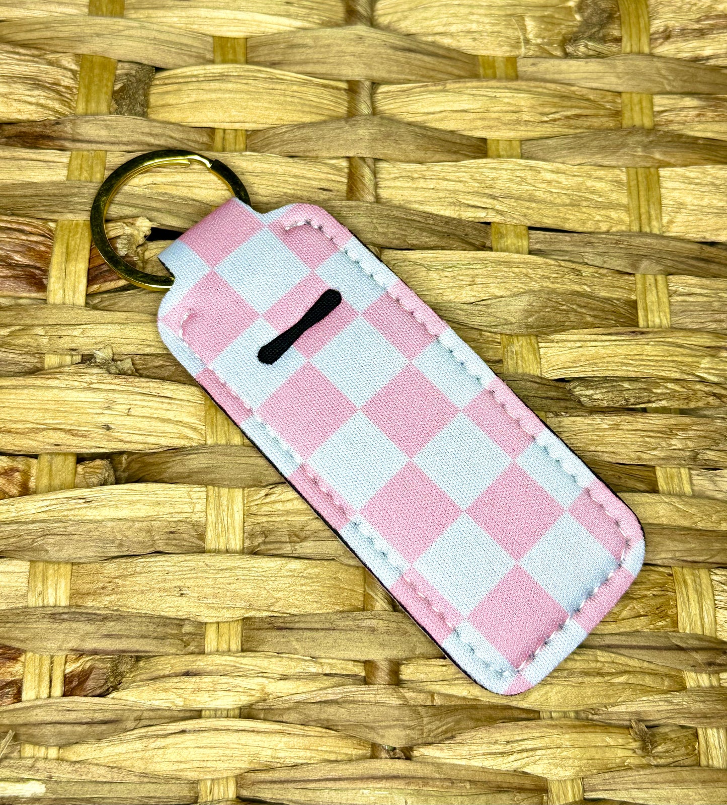 Pink & White Checkered Lip Balm Holder Keychain