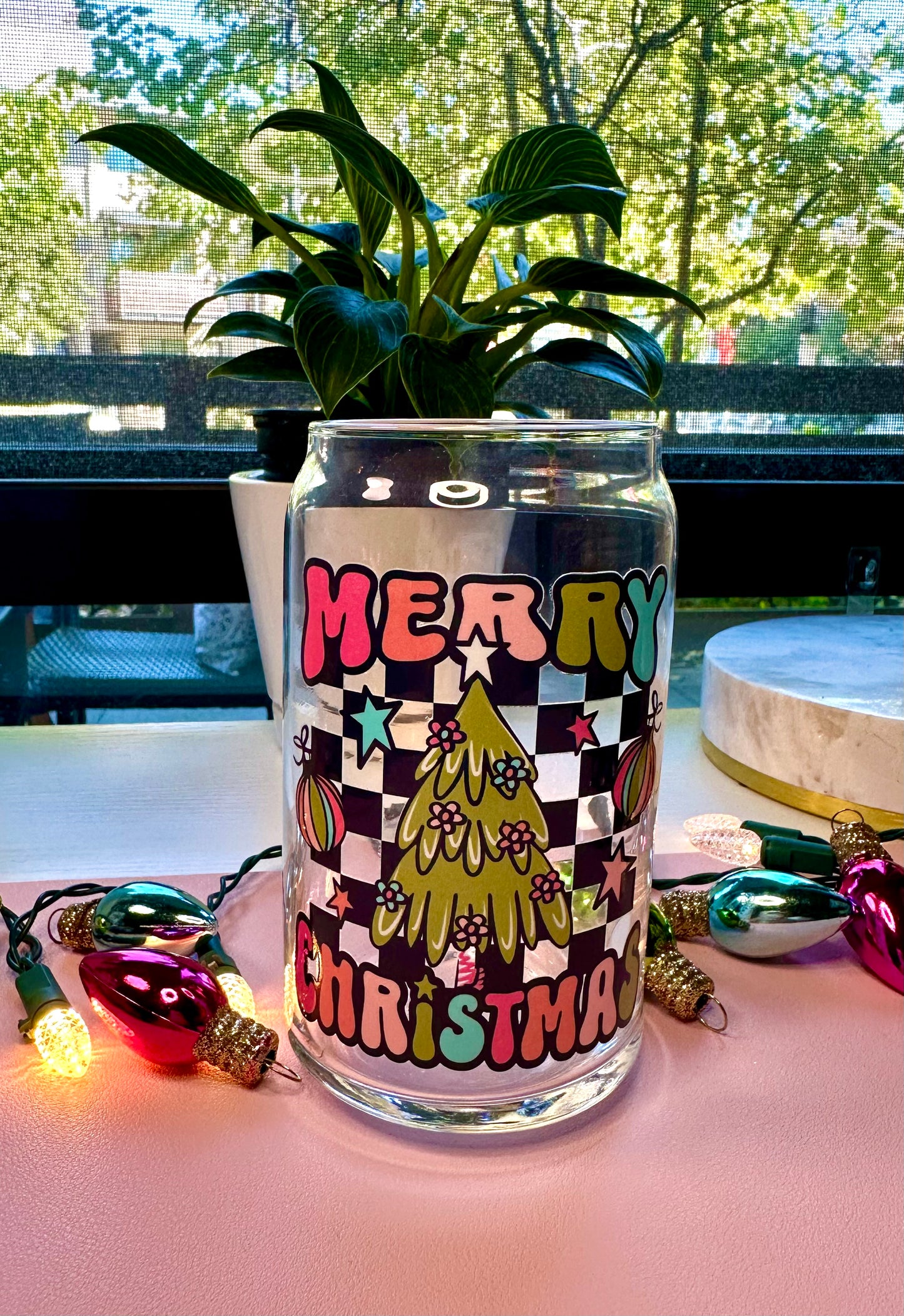 Merry Christmas Checker Glass Cup