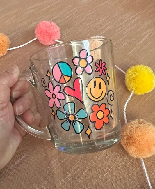 Peace and Love Doodles Glass Mug