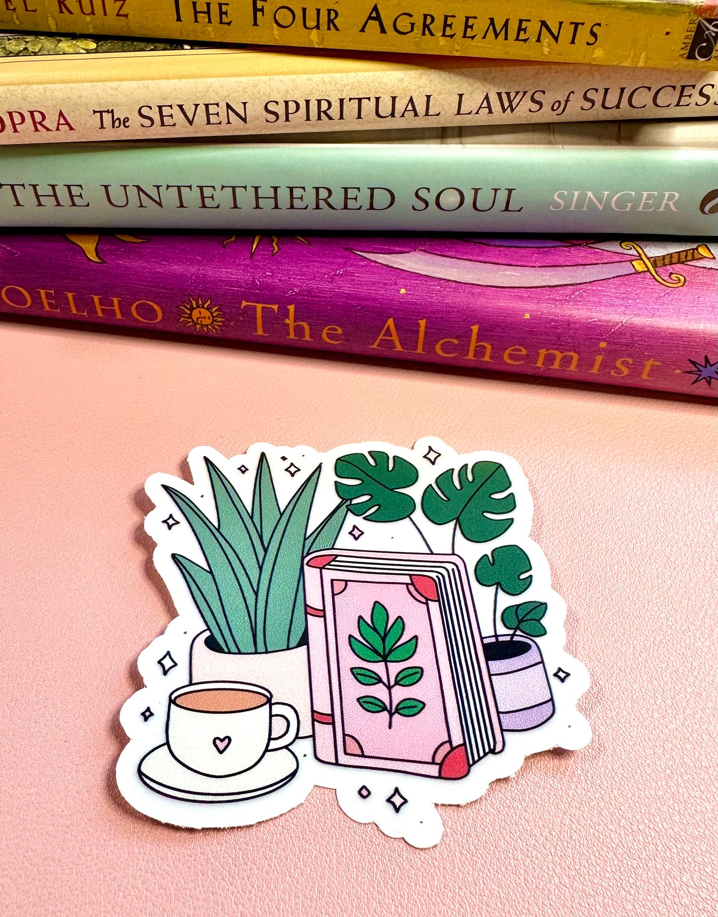 Plants, Coffee, and Books Sticker - Clear