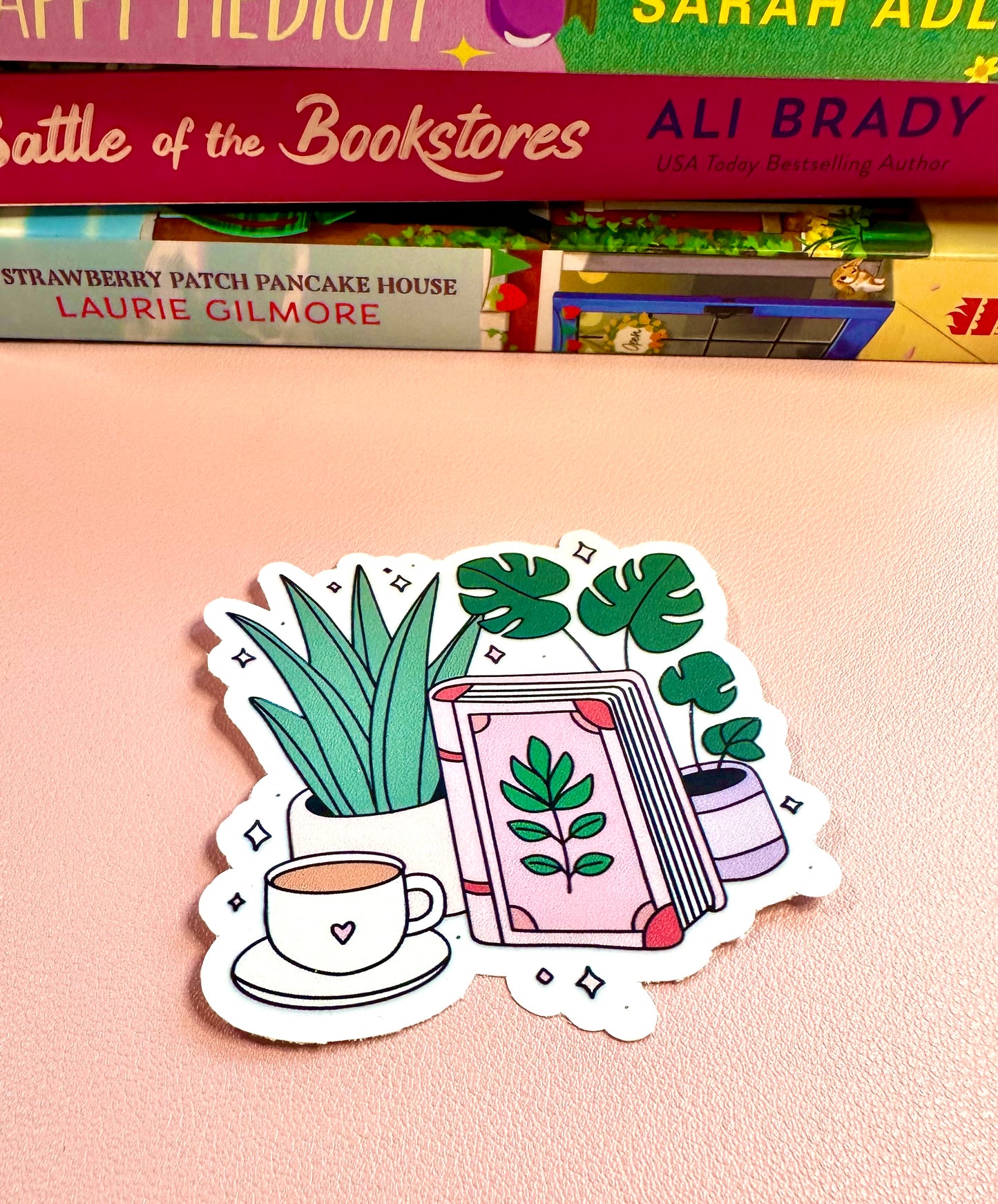 Plants, Coffee, and Books Sticker - Clear