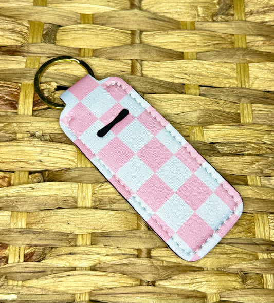 Pink & White Checkered Lip Balm Holder Keychain