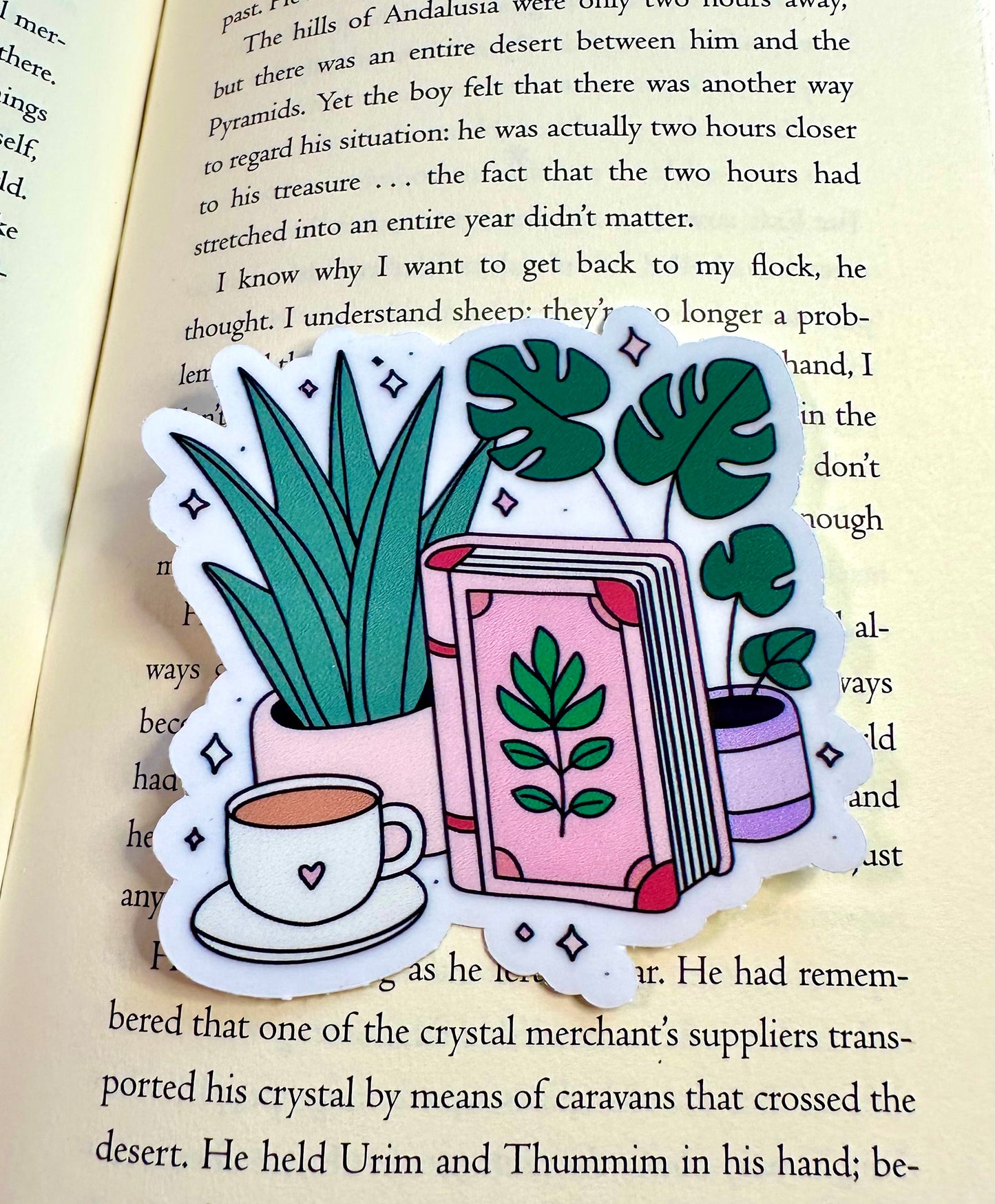 Plants, Coffee, and Books Sticker - Clear