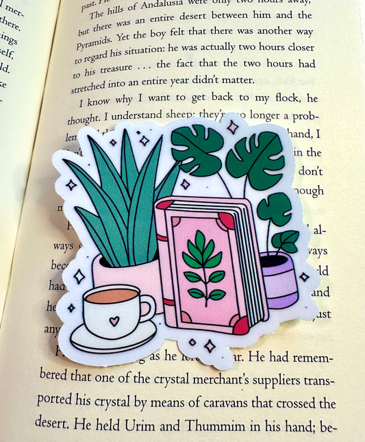 Plants, Coffee, and Books Sticker - Clear