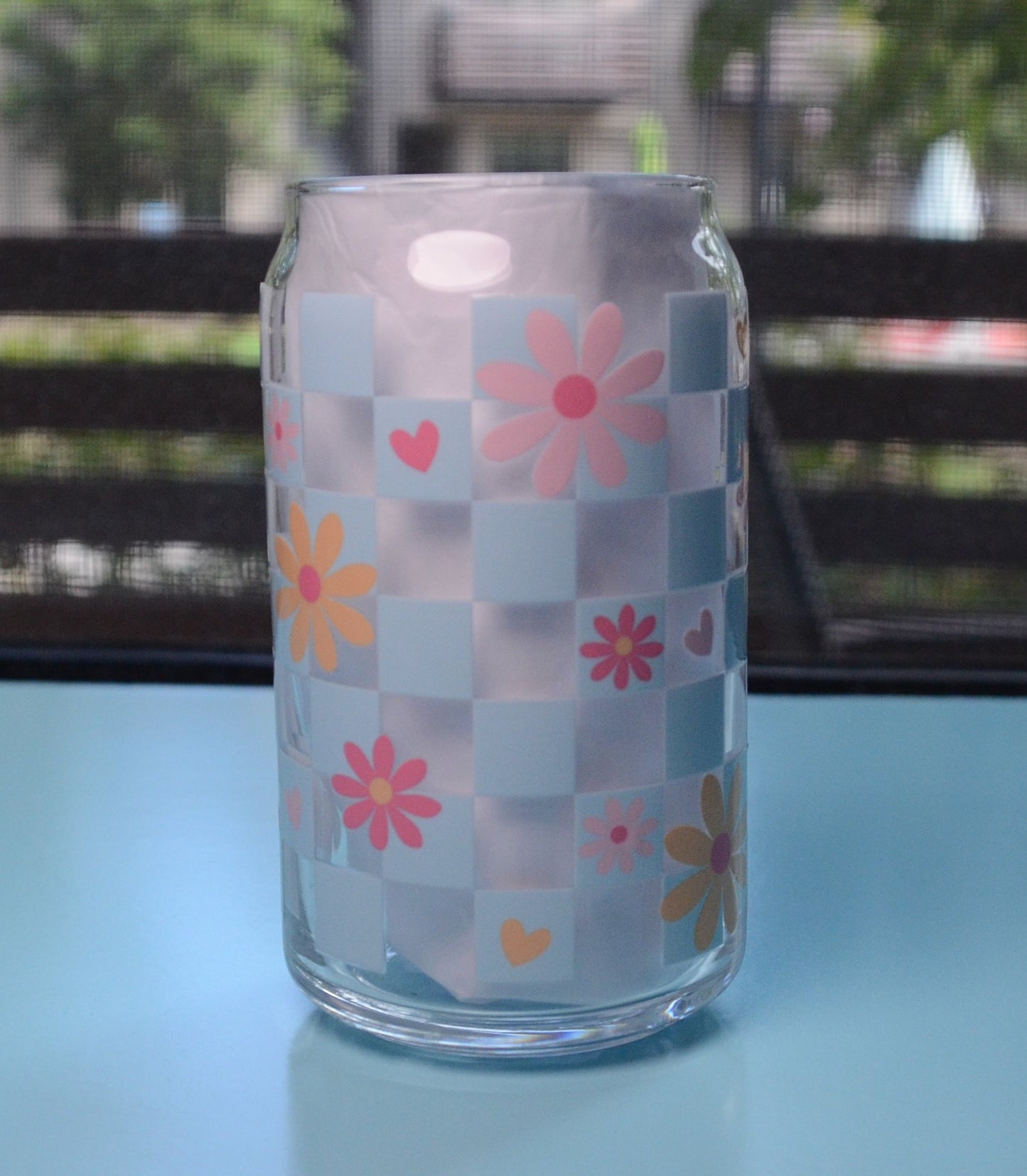 Checkered Flowers Glass Cup