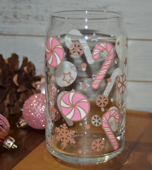 Pink Candy Canes Glass Cup